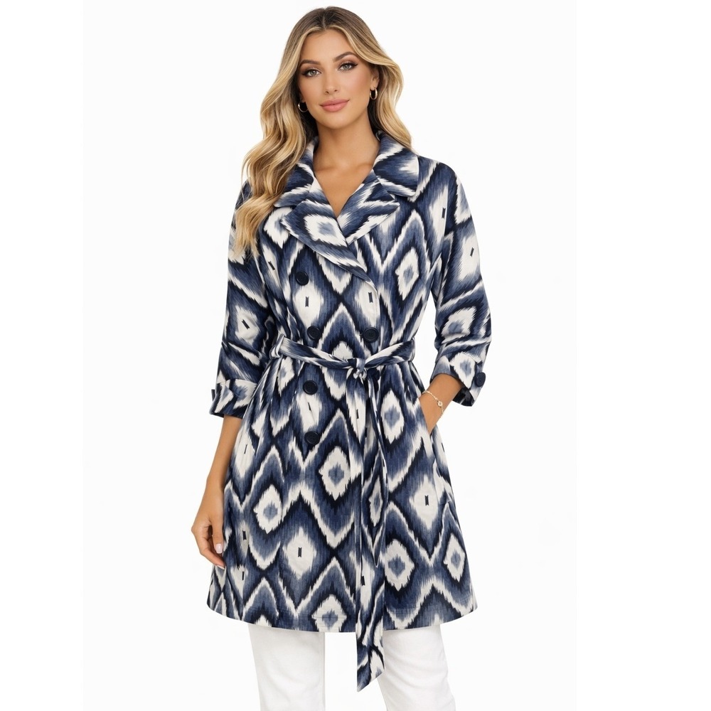 Vertigo Paris Blue Ikat Print Double Breasted Belted Trench Coat XL